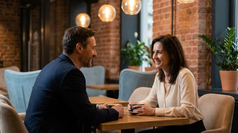 Smiling man and woman on a coffee date in a cozy cafe. They are looking at each other, cups on a wooden table, brick background.