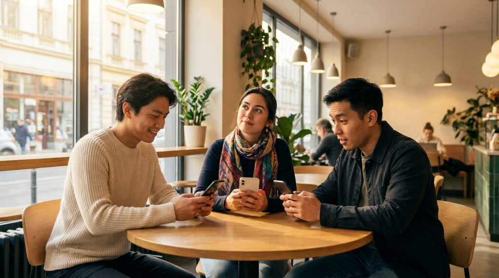 Two men and a woman sit at a cafe table, each with a smartphone. The woman looks up, while the men focus on their screens.