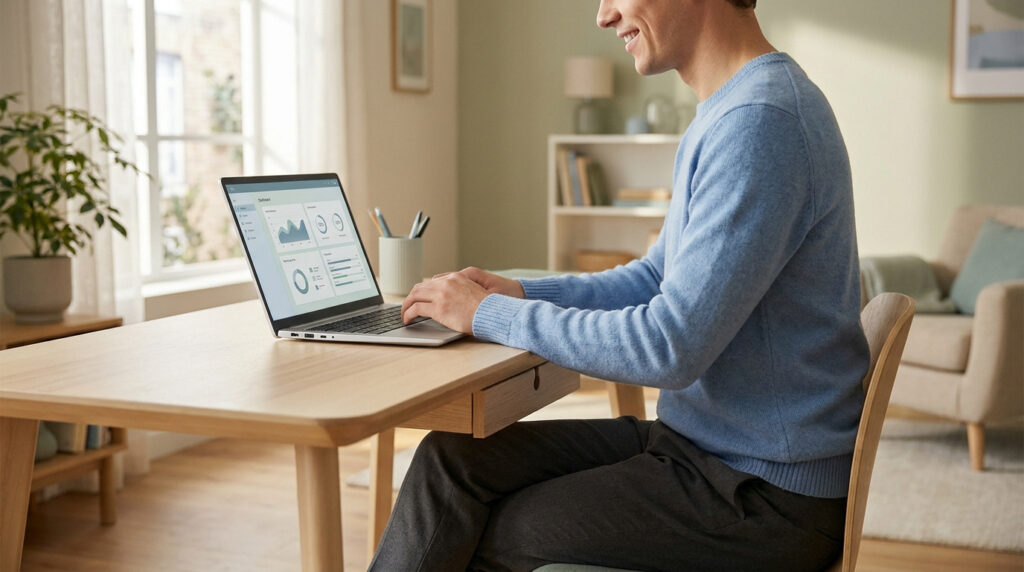 Smiling man using a laptop with a dashboard on screen at home. Represents easy online management of complex tasks.