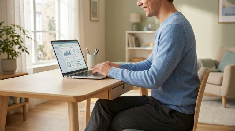 Smiling man using a laptop with a dashboard on screen at home. Represents easy online management of complex tasks.