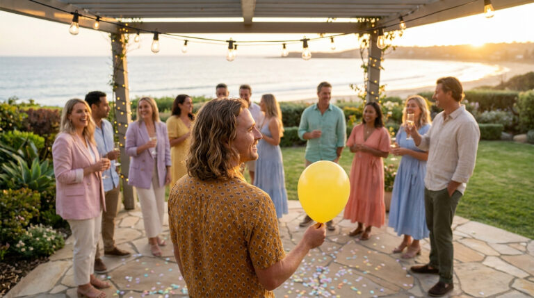 Happy group celebrating at an outdoor divorce party at sunset by the ocean. A man holds a yellow balloon amidst confetti.