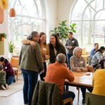 Diverse adults and children in a bright, modern room. People laugh, hug, converse at tables, and children play, showing a supportive community.