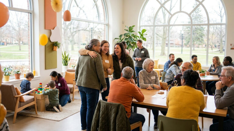 Diverse adults and children in a bright, modern room. People laugh, hug, converse at tables, and children play, showing a supportive community.