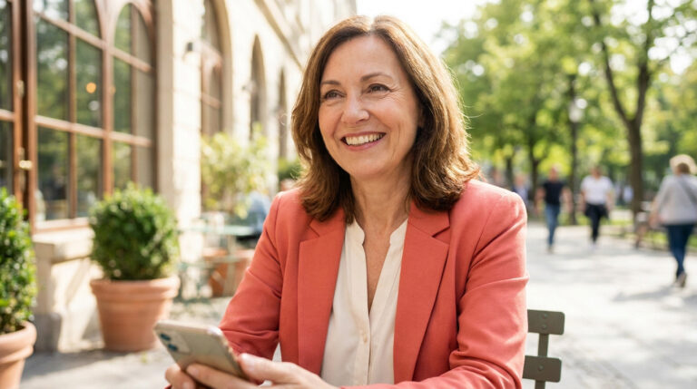 A happy, confident woman in a coral blazer smiles while holding a smartphone at an outdoor cafe or park.