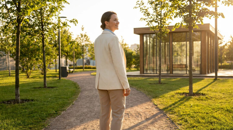 Woman in light blazer smiles, looking ahead while walking on a sunny park path, symbolizing moving on and trusting herself.