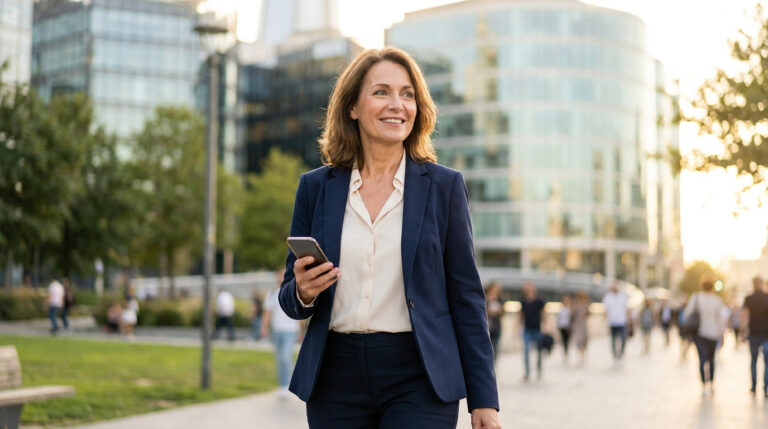 Smiling woman in her 50s, wearing a blazer, walks confidently with a smartphone in a city park, embodying a new beginning.