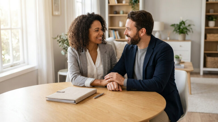 A smiling diverse couple sits at a table, holding hands. A notebook and pen are present, suggesting legal or financial discussion.