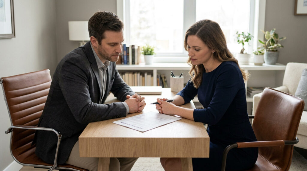 A couple reviews a prenuptial agreement on a wooden table. The woman holds a pen, while the man clasps his hands, both looking serious.