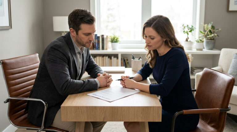 A couple reviews a prenuptial agreement on a wooden table. The woman holds a pen, while the man clasps his hands, both looking serious.