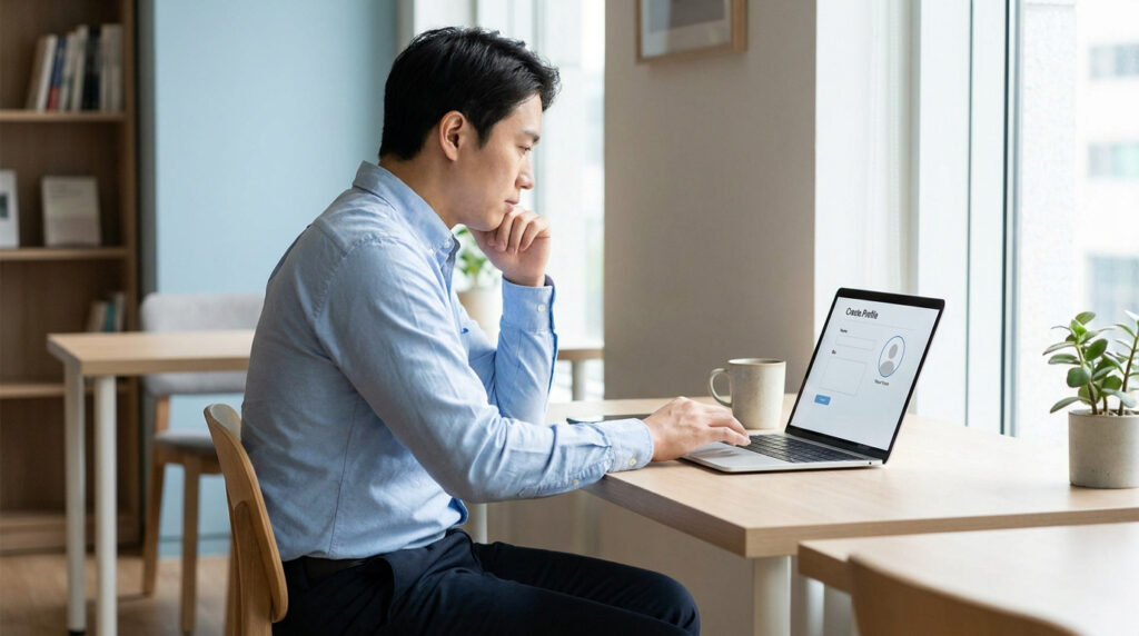Thoughtful Asian man creating an online profile on his laptop, displaying a 'Create Profile' form with name and bio fields.