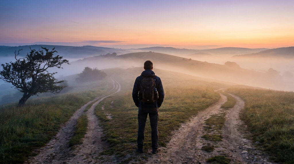 A person stands at a misty fork in a dirt road overlooking rolling hills at dawn, symbolizing a difficult life decision.