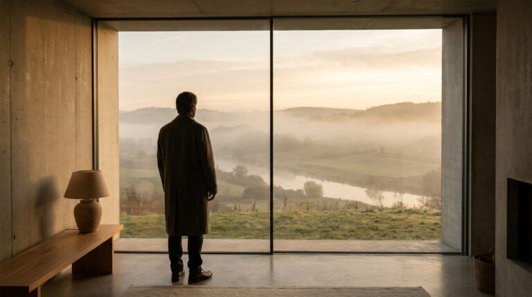 A man in a dark coat stands with his back to the viewer, looking out a large window at a misty, serene river valley at dawn.