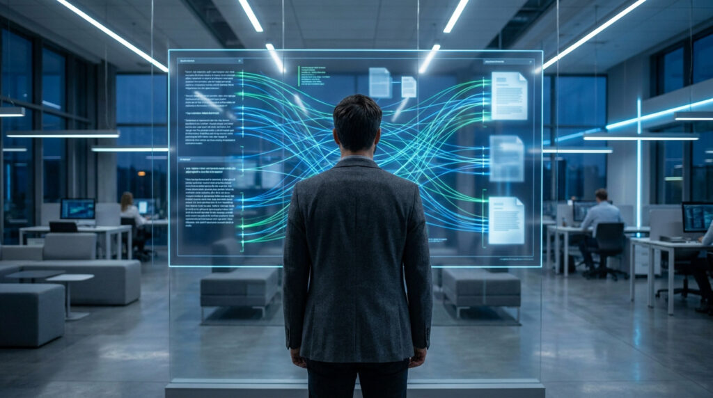 Man in an office viewing a transparent digital screen displaying data flow with text, graphs, and document icons. Modern workspace.