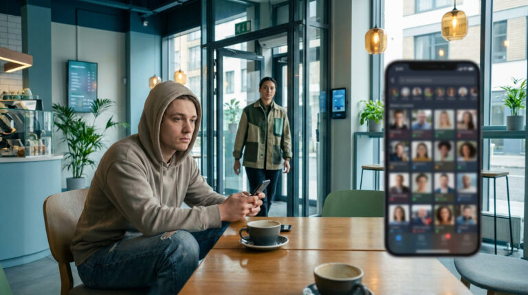 A thoughtful man in a cafe holds a phone, as a blurred online dating app appears. Another person enters in the background.