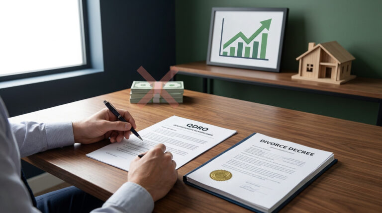 Person reviewing QDRO and Divorce Decree documents on a table. Money with an X, a growth chart, and a house model are in the background.