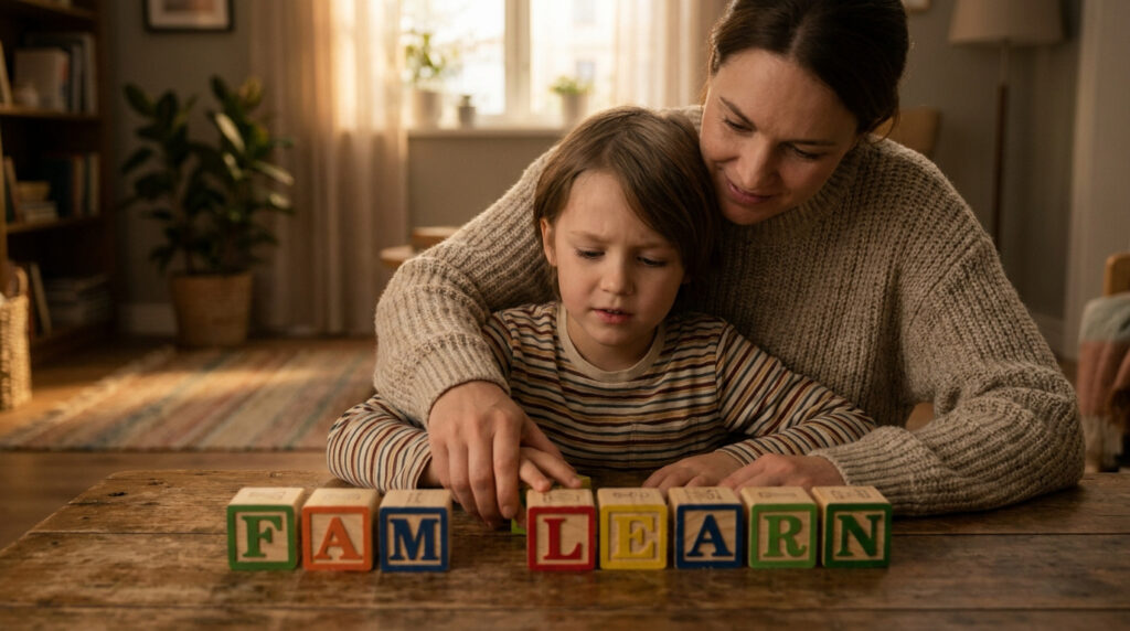 A caring woman helps a young boy spell words with colorful alphabet blocks, forming 'FAM L E A R N' on a rustic table.