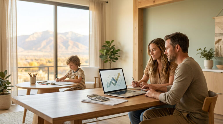 A couple reviews finances on a laptop with a calculator and documents. Their child draws nearby, mountains visible through a large window.