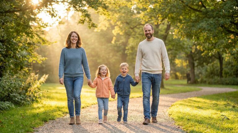 A smiling family, including a man, woman, girl, and boy, walk hand-in-hand down a sunlit path in a lush park.
