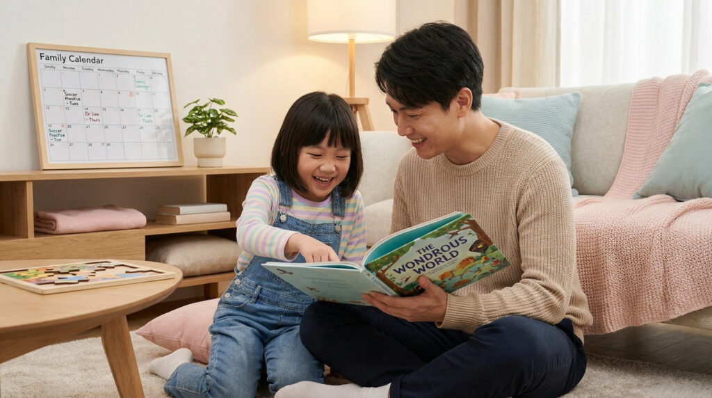 A man and child laugh while reading a children's book on the floor. A family calendar and sofa are in a cozy living room background.