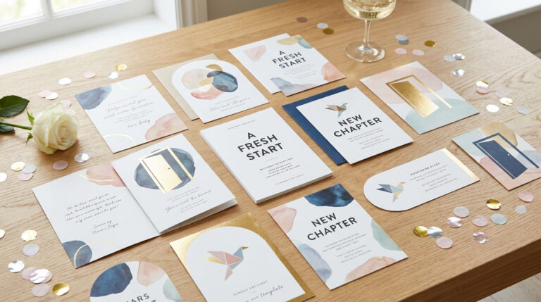 Elegant divorce party invitations with 'Fresh Start' and 'New Chapter' themes, watercolor art, gold foil, and confetti on a wooden table.