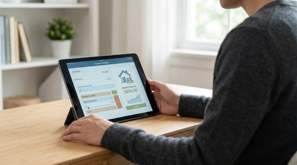 A person uses a tablet showing a financial calculator app with a monthly payment of $850.00 displayed.