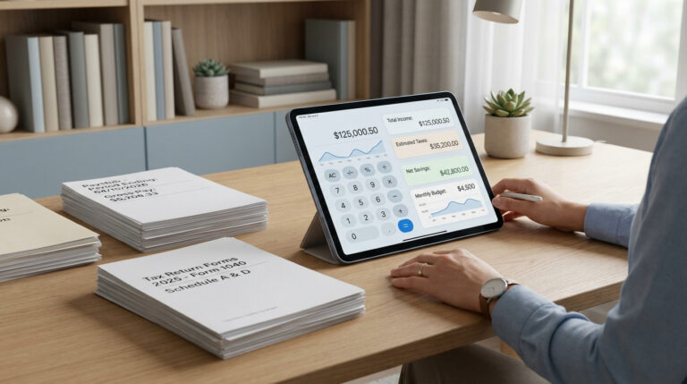 Person uses a tablet financial app showing income, taxes, and budget. Tax forms & paystubs are nearby, suggesting child support calculations.