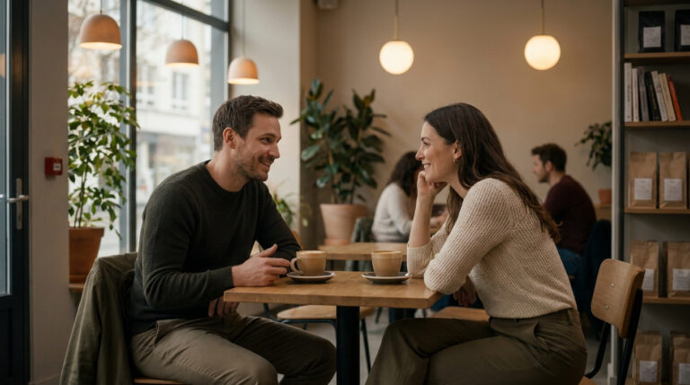 A man and woman smile warmly at each other during a coffee shop date. They sit at a wooden table with two lattes in a cozy cafe.