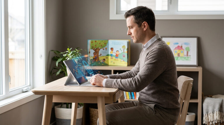 Man using a laptop displays glowing security graphics. A child's book and drawing in background suggest secure family payments.