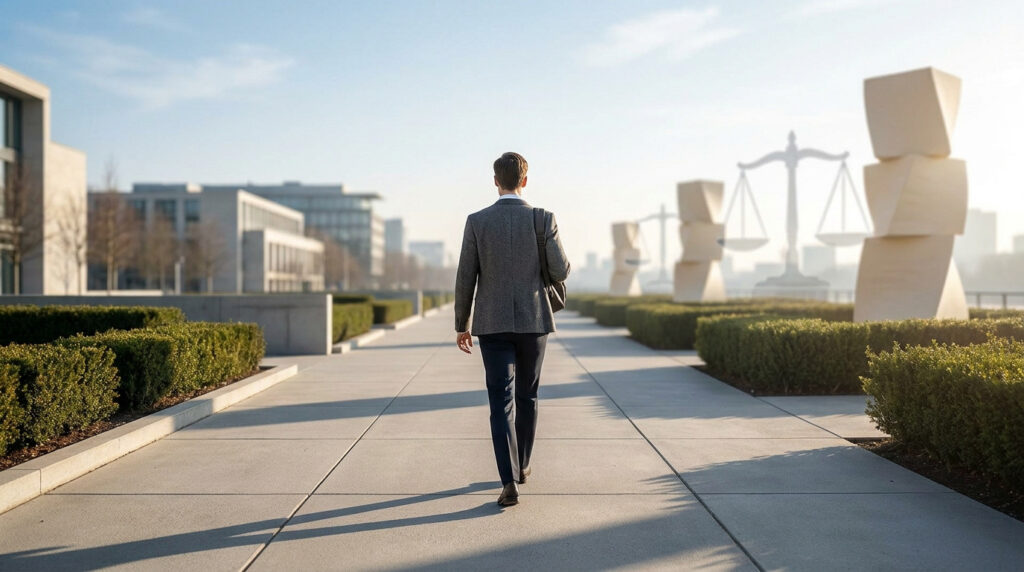 Man in a suit walking away on a paved path towards blurred modern buildings and large Scales of Justice statues under a clear sky.