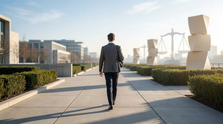 Man in a suit walking away on a paved path towards blurred modern buildings and large Scales of Justice statues under a clear sky.