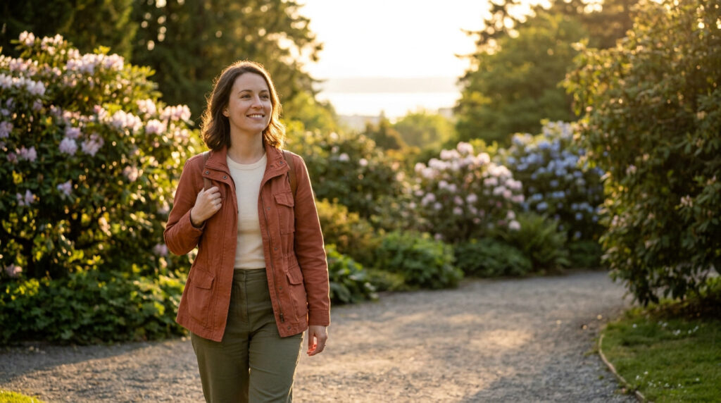 A smiling woman walks on a sunlit gravel path through a lush park, surrounded by green trees and flowering bushes.