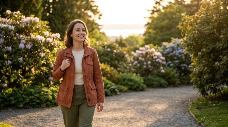 A smiling woman walks on a sunlit gravel path through a lush park, surrounded by green trees and flowering bushes.