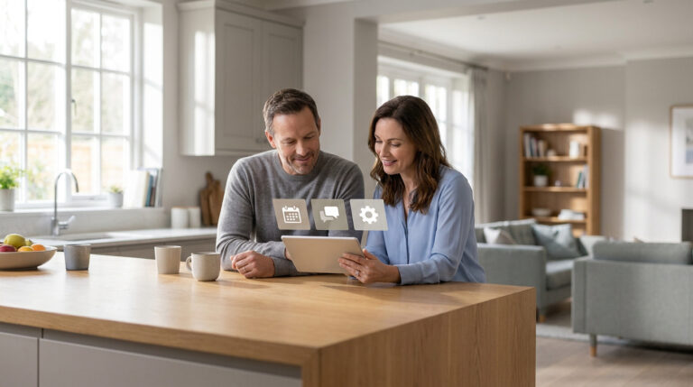 A smiling couple in a modern kitchen looks at a tablet displaying calendar, chat, and settings icons. Bright, organized home scene.