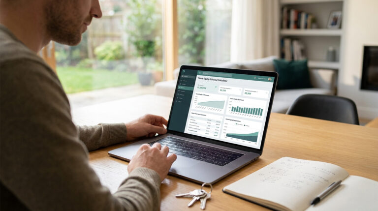 Man uses a laptop with a 'Home Equity & Buyout Calculator' displaying charts. A notebook, pen, and keys are on the wooden desk.