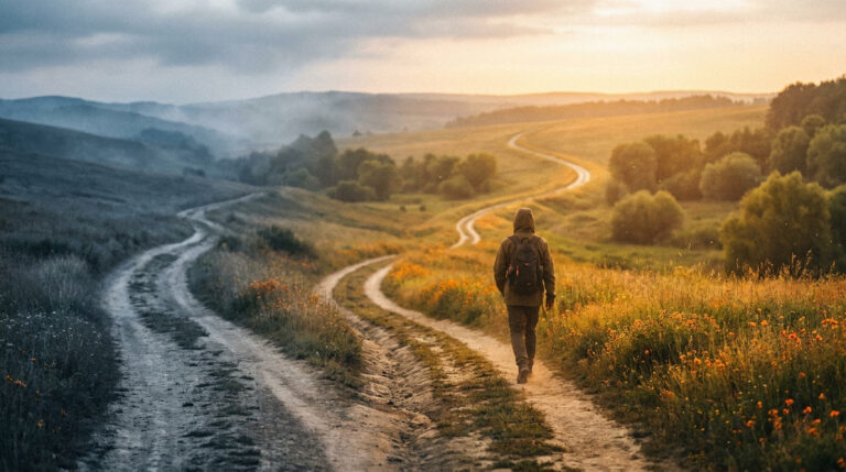 Person walks a winding path from a desaturated, cloudy landscape to a vibrant, sunlit future of rolling hills and fields.