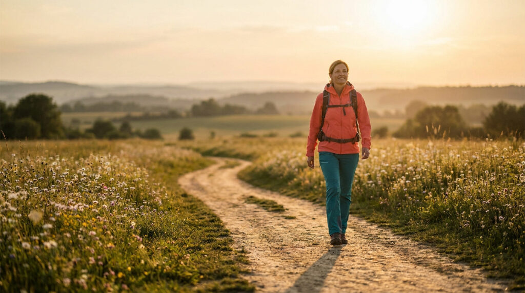 Smiling woman in a jacket and backpack walks a winding dirt path through a wildflower field at sunset, symbolizing a fresh start.