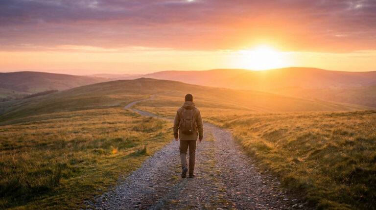 A solitary figure with a backpack walks a winding path towards a brilliant sunrise over rolling hills, symbolizing new beginnings.