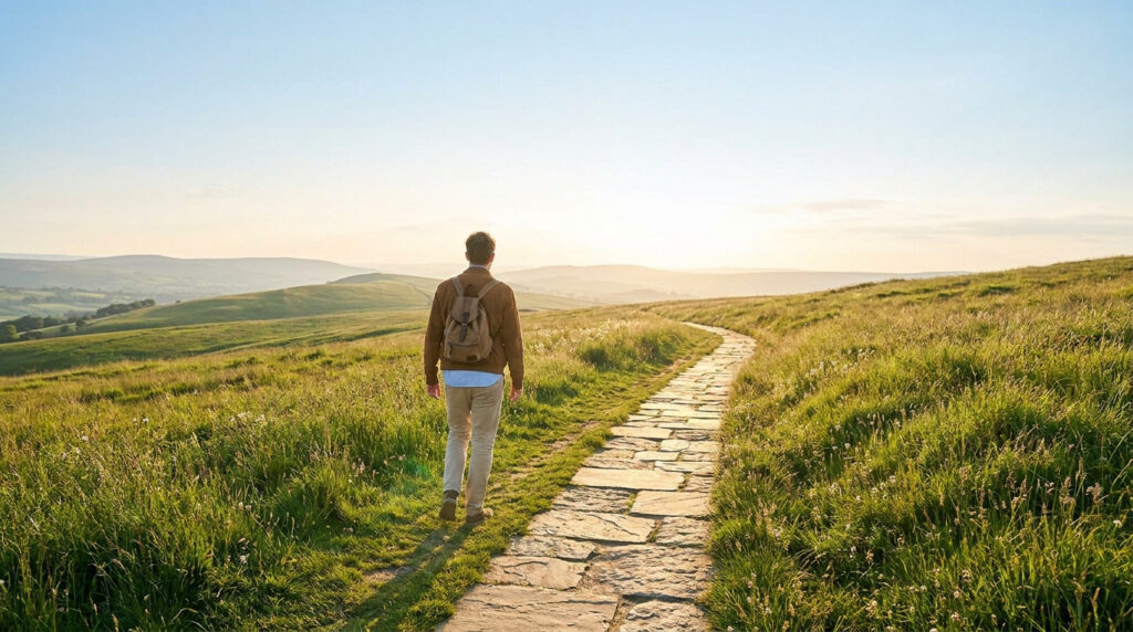A man walks away on a stone path winding through green hills under a bright sky, symbolizing a confident new journey after divorce.