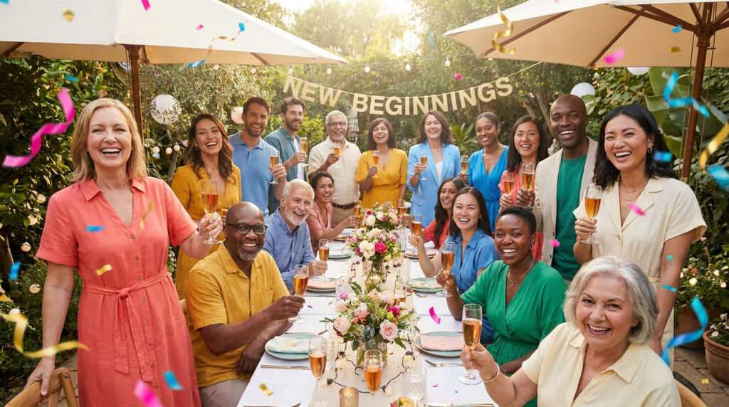 An outdoor party with a diverse group of smiling people raising glasses, confetti falling, and a 'NEW BEGINNINGS' banner.
