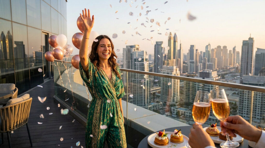 Smiling woman celebrating with confetti on a high-rise balcony, rose gold balloons, and a city skyline. Two hands toast champagne with desserts.