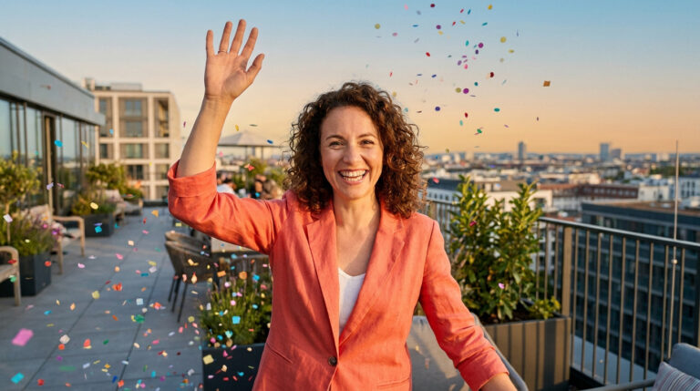 Smiling woman with curly hair on a rooftop, raising her hand as colorful confetti falls around her. City skyline at sunset in background.
