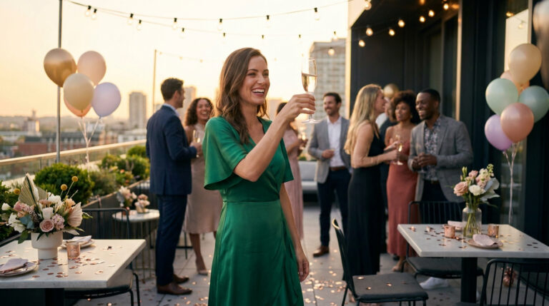 A woman in a green dress smiles and raises a glass of champagne at a lively rooftop party with friends, balloons, and string lights at sunset.