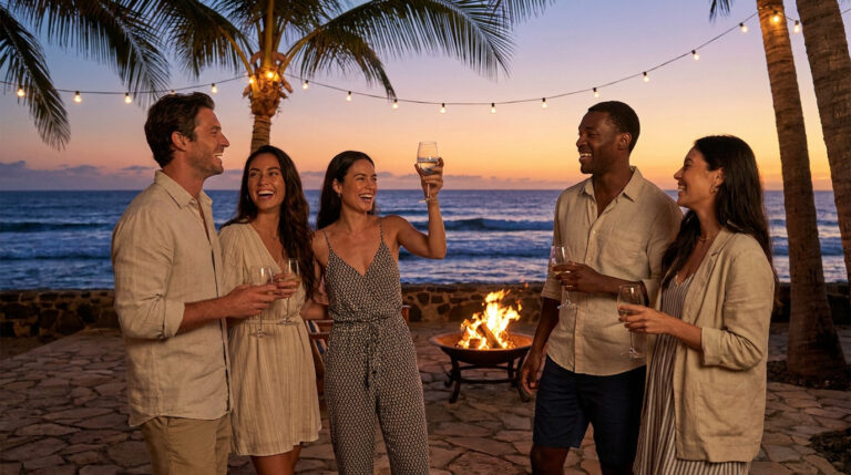 Five diverse friends smile and toast with wine glasses at a beachside fire pit party at sunset under palm trees and string lights.