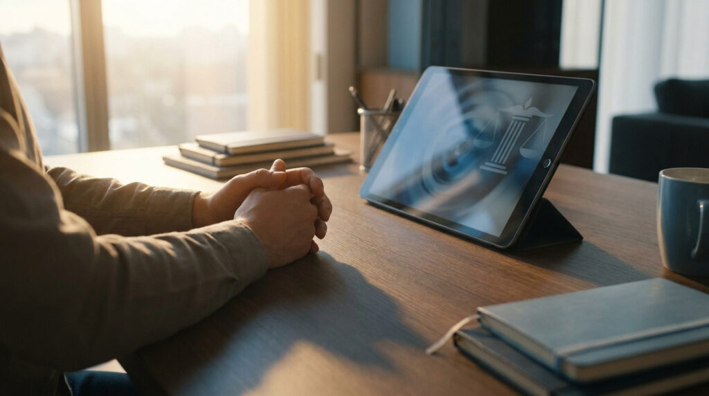 Hands clasped on a desk with a tablet displaying scales of justice, representing legal research on parental custody.