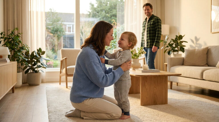 A family in a bright, modern living room. A mother kneels, smiling at her toddler, while the father stands, smiling nearby.