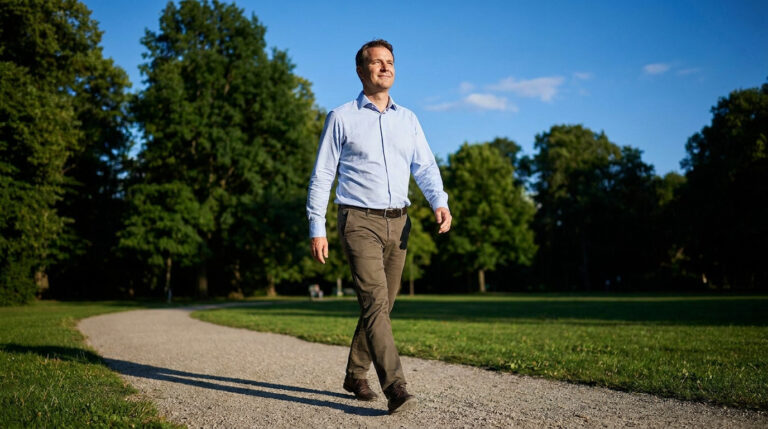 A confident man in a blue shirt and khakis walks along a sunny park path, looking forward, symbolizing new beginnings.