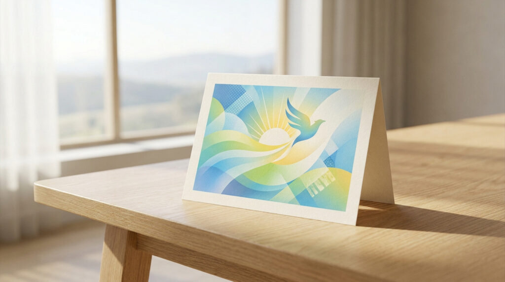 A divorce party invitation card with a blue dove flying towards a radiant yellow sun, set against abstract blue and green waves, on a light wooden table by a window.