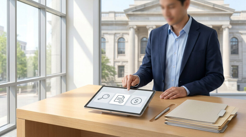 Man taps tablet with document and finance icons in an office overlooking a courthouse, with file folders on the desk.