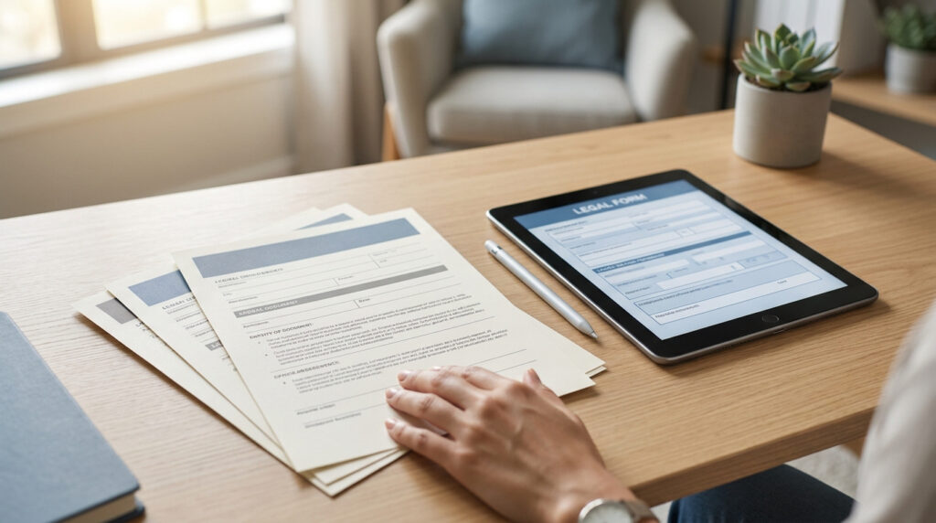 Person reviewing physical legal forms and a digital divorce document on a tablet with a stylus. Desk in a home office.