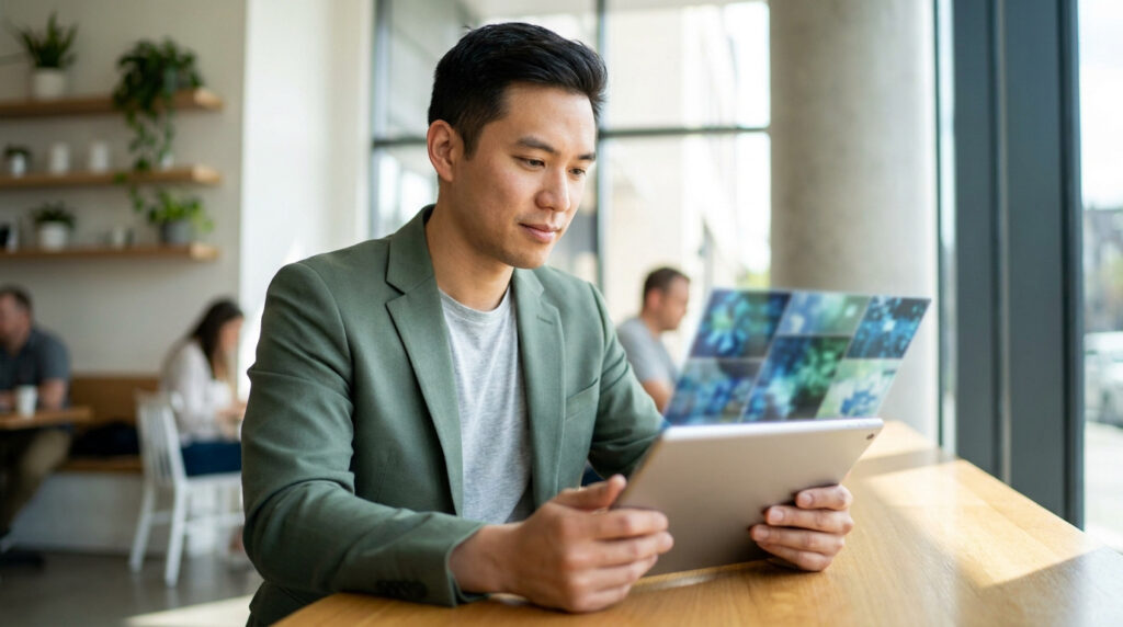 A man in a green blazer reviews a holographic display on a tablet in a cafe, likely curating images for a high-value dating profile.